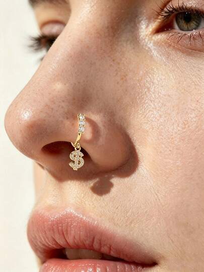 1PC Gold Plated Cubic Zirconia Nose Cuff, No Piercing Dollar Sign Dangle Nose Clip, Hip Hop Sparkly Fake Nose Ring Body Jewelry For Women
