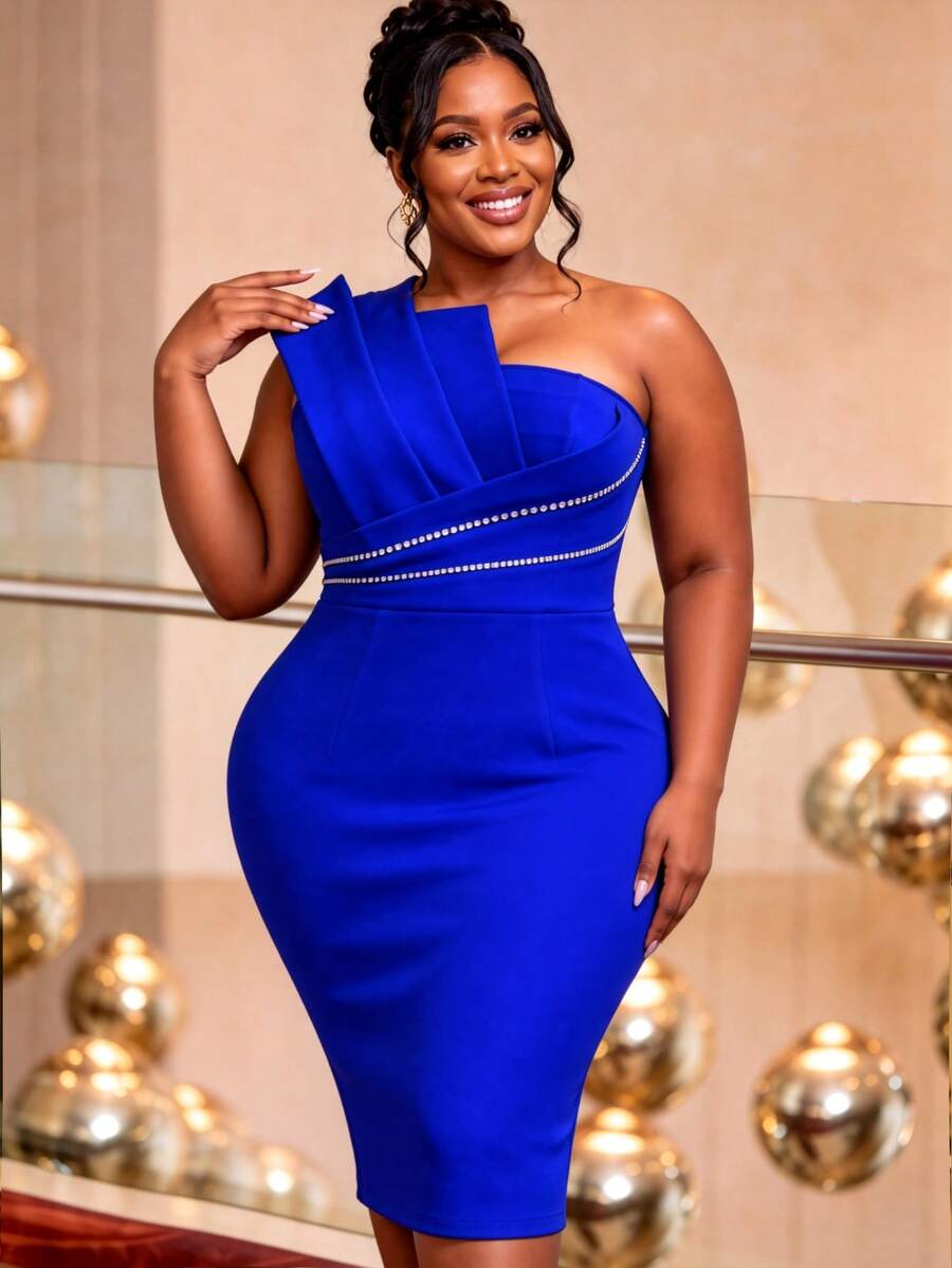 Plus Size Women's Blue One-Shoulder Fitted Knee-Length Dress Rhinestone Trim, Asymmetrical Ruffle Hem Elegant Sexy Suitable Parties Wedding Guest Wear