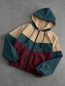Jaket Berkerudung Pria Motif Blok Warna Musim Gugur/Dingin, Jaket Olahraga Kasual Retro Longgar dengan Kombinasi Tiga Warna - Khaki - View 1