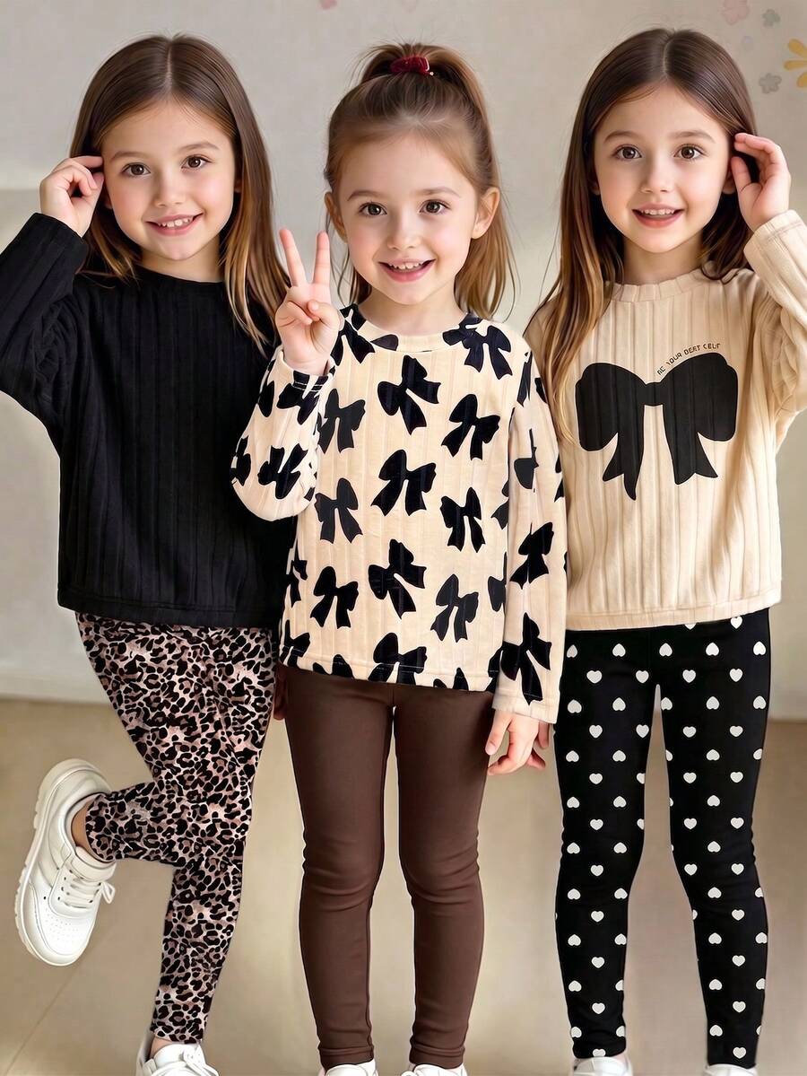3pcs/Set Girls Casual Fashion Solid Color Bow Print Round Neck Long Sleeve Tops For Daily Wear And Outings, Spring/Autumn - Multicolor - View 1