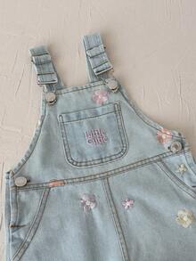 Baby Girls Infant Turn-Down Collar Petal Sleeve Top With Floral Embroidery Denim Overalls Lace Trim Spring Autumn Set - Baby Blue - View 11