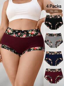 4pcs Women's Contrast Color Floral Print Comfortable Plus Size Mid-Waist Triangle Panties - Multicolor - View 1