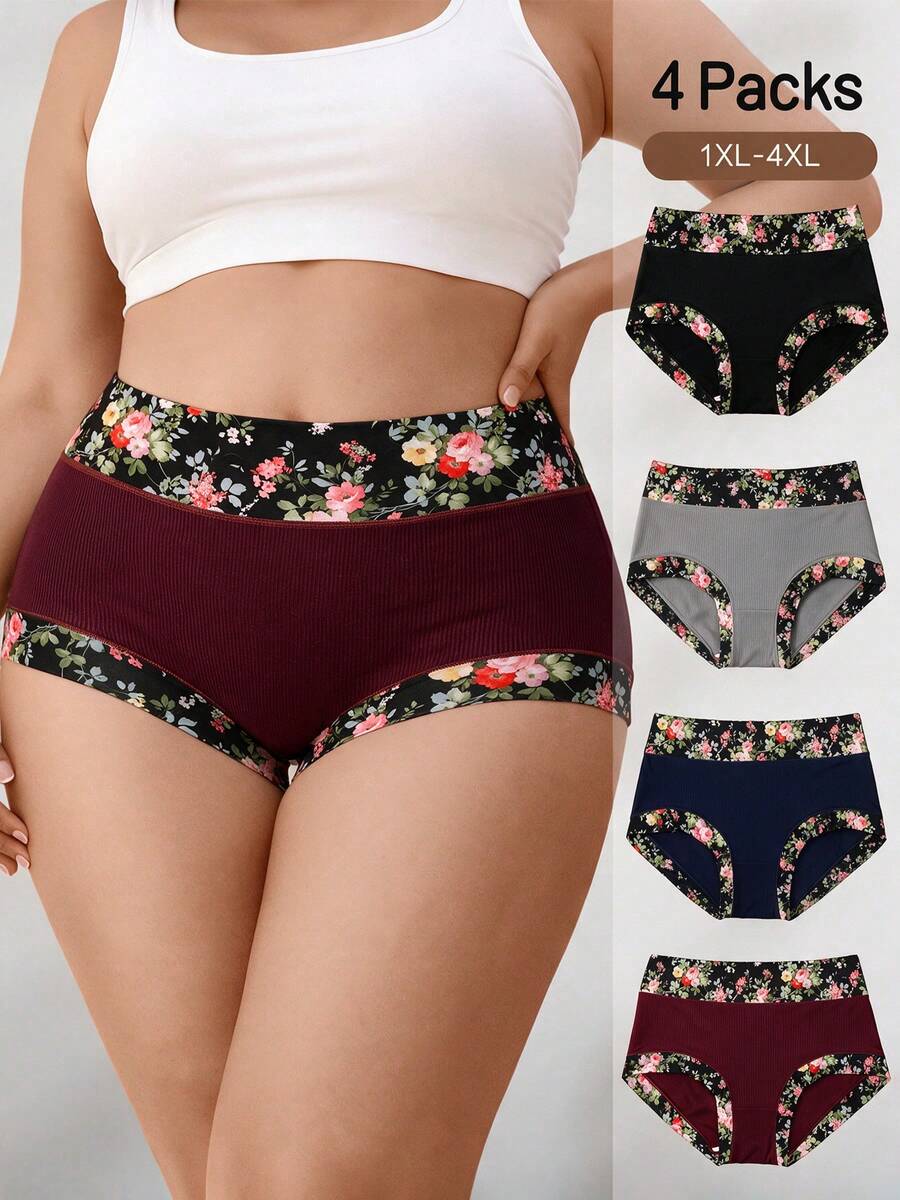 4pcs Women's Contrast Color Floral Print Comfortable Plus Size Mid-Waist Triangle Panties - Multicolor - View 1