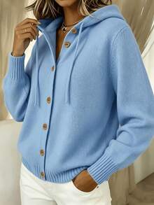 Plus Size Women's Autumn/Winter Solid Color Hooded Knit Cardigan With Ribbed Cuffs, Button & Drawstring Single-Breasted Loose Casual Sweater Jacket - Sky Blue - View 3