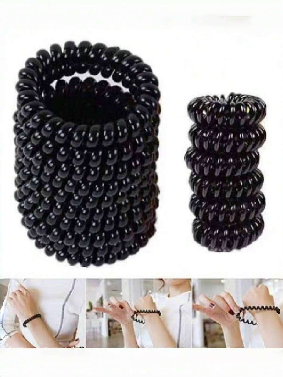 12/6pcs Black Plastic Hair Ties, Simple Large Waterproof Thick Seamless Ponytail Hair Bands, Strong Elastic Multi-Functional Rubber Hair Accessories - Black - View 1