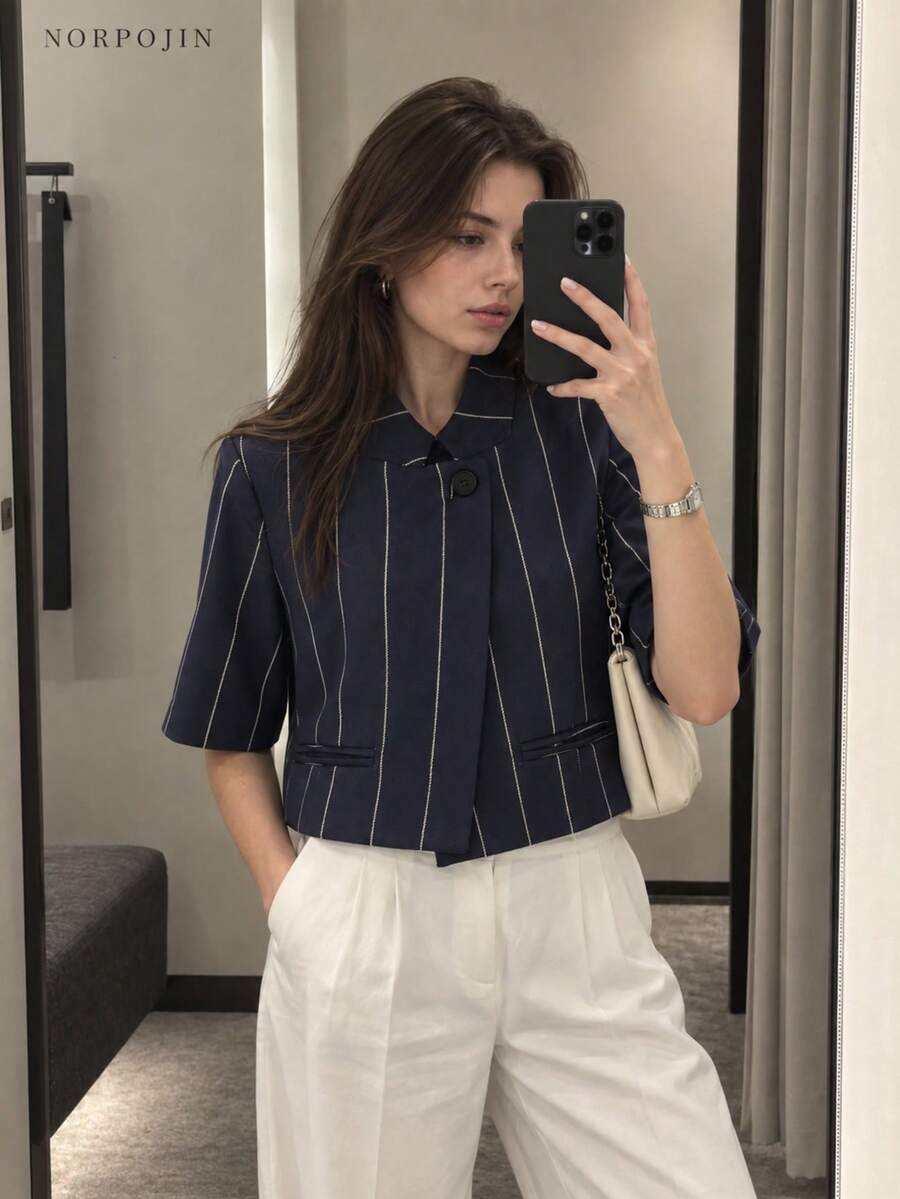 Women's Striped Casual Versatile Everyday Jacket Summer - Navy Blue - View 1