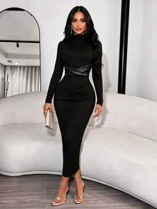 RNU Women's Autumn/Winter Party Dress, Small Stand Collar Long Sleeve Knit & PU Patchwork Waist-Cinching Dress, Elegant Slimming Casual Gathering Evening Gown - Black - View 6