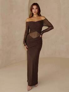 PARTHEA Elegant Brown Off Shoulder Mesh Sleeve Sheer Waist Ruched Maxi Evening Party Dress For Women - Brown - View 1