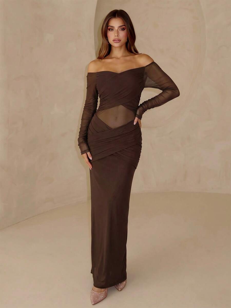 PARTHEA Elegant Brown Off Shoulder Mesh Sleeve Sheer Waist Ruched Maxi Evening Party Dress For Women - Brown - View 1