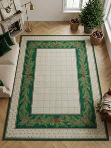 1PC Light Green Pine Branch & Pine Cone Plaid Area Rug, Faux Cashmere Material Rectangular Christmas Holiday Pattern, Machine Washable Suitable For Living Room Bedroom Daily Home Decor, Aesthetic Home Decoration - Multicolor - View 2