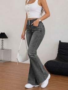 Women's Single-Breasted Slim Fit Stretchy Flare Leg Jeans - Dark Grey - View 2