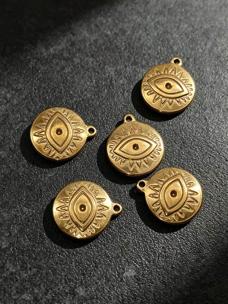 3/5pcs Vintage Sun Pattern Evil Eye Round Pendant, 18K Gold Stainless Steel Material, DIY Handmade Bracelet Necklace Earring Jewelry Accessories - Yellow Gold - View 1
