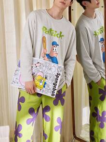 Gongdie SpongeBob SquarePants 2 Pieces SpongeBob Patrick Men's Pajama Set,Fall Gray Soft Cotton Loungewear With Pocket - Light Grey - View 1