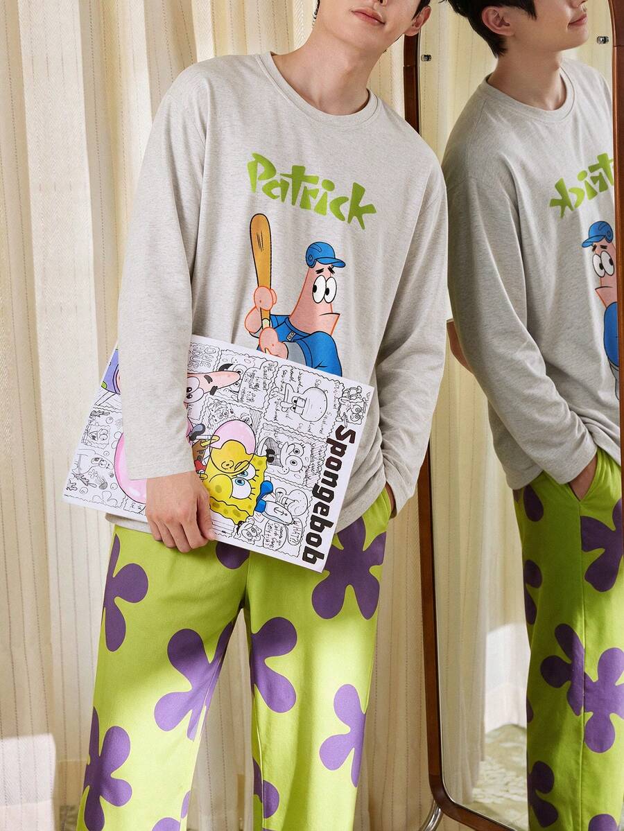 Gongdie SpongeBob SquarePants 2 Pieces SpongeBob Patrick Men's Pajama Set,Fall Gray Soft Cotton Loungewear With Pocket - Light Grey - View 1
