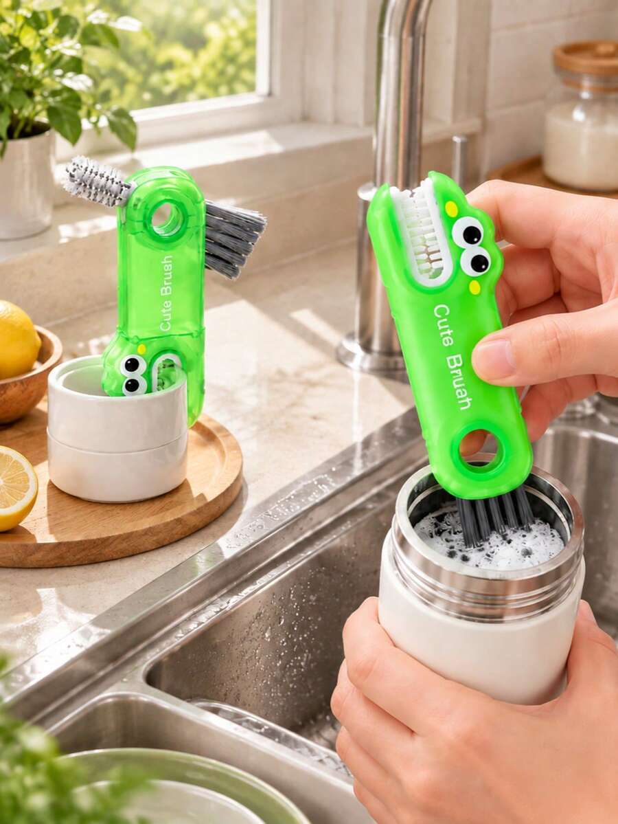 2pcs 3-In-1 Cup Lid Cleaning Brush - Multi-Functional Brush, Suitable For Insulated Cup Lids, Water Bottle Lids And Cups, Detachable Mini Brush, Can Clean Hard-To-Reach Areas (Cute Cartoon Design)
