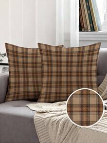 shangxia 2PCS--Earth Brown Coffee Plaid Pattern Throw Pillow Covers, American Vintage Autumn Plaid Print Cushion Covers, Pillow Insert Not Included - Multicolor - View 2