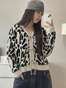 Women's Fashion Leopard Print Cardigan Long Sleeve V-Neck Tie Ribbed Knit Sweater For Look - Apricot - View 5