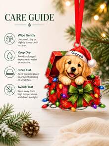 1pc Custom Photo Name Christmas Dog Ornament, Personalized Pet Portrait Tree Decor, Golden Retriever In Gift Box, Name On Santa Hat, Red Ribbon Holiday Keepsake, Red Green Festive Puppy Design, Pet Lover Gift, Christmas Decoration,Christmas Gift - Multicolor - View 9