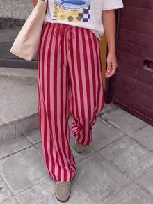 Plus Size Women's Casual Striped Loose Long Pants, Lightweight Comfortable Elegant Bohemian Style, Suitable For Spring Summer Autumn Vacation, Pink - Pink - View 3