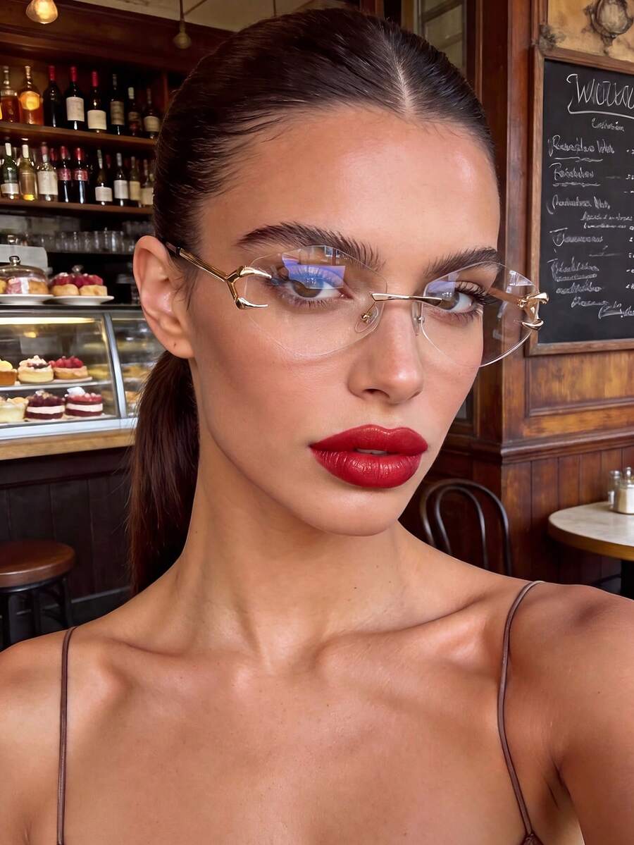 1 Pair Women's Gold Rhombus Rimless High-End Fashion Plain Lens Glasses, Suitable For Daily Use, Commuting, Photography, Holiday Gift, High-Definition Eyewear Accessories - Gold - View 1