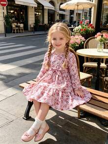Young Girl Elegant Sweet Cute Gentle Lady Gift Minimalist Pretty Outdoor Street Comfortable Fashion Pink Vintage Exquisite Small Rose Floral Pattern Digital Print Round Neck Elastic Puff Cuff Long Sleeve Ruffle Hem A-Line Princess Dress Suitable For Spring And Autumn - Pink - View 7