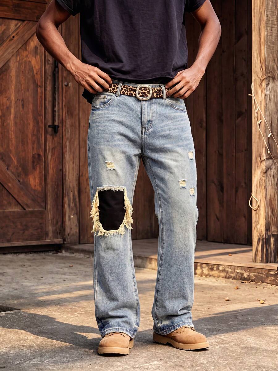 Men's Vintage Washed Flared Jeans, Distressed Ripped Denim Pants, Black Patchwork Raw Edge Design, Fashion Casual Long Pants - Blue - View 1