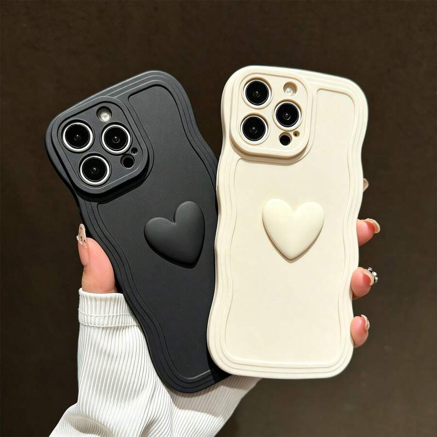 2件裝棕色與白色心形波浪時尚可愛個性優雅手機殼,適用於 iPhone 12 13 14 15 16 17 Pro Max - 黑與白 - 查看 1