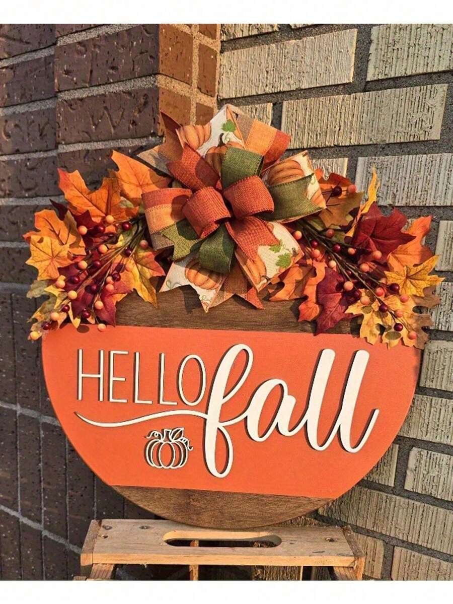 1pc 3D Autumn "Welcome" Sign - Designed With Autumn Theme, Featuring A Circular Wreath, Perfect Decoration For Your Front Door. Ideal For Autumn Celebrations And Thanksgiving Home Decor. Perfect Autumn Home Decor Item