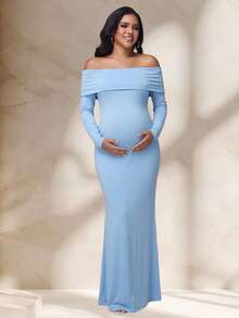 JustVH Maternity Sexy Fitted Long Sleeve Backless Twist Dress, Elegant Party Evening Gown For Maternity Photography - Baby Blue - View 6