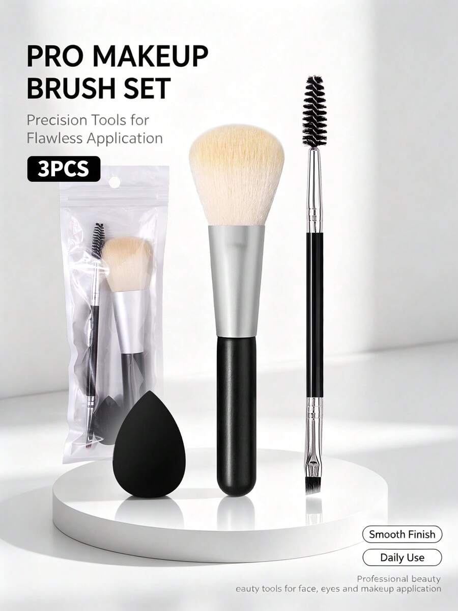 3pcs Makeup Brush Set Powder Brush Dual-Head Eyebrow Brush Eyeliner Brush With Black Sponge Puff Beginner Makeup Tool Kit Face Eye Makeup Combination