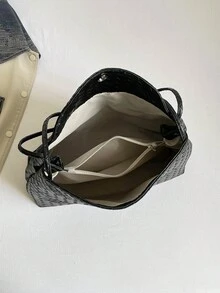 Hand-Woven Rhombus Pattern Soft Leather Tote Bag, Large Capacity, Magnetic Snap Closure, Dual Long Shoulder Straps For Shoulder Or Underarm Carry, Minimalist Commuter Style, Can Store Phone, Wallet, Cosmetics And Other Daily Essentials, Suitable For Work Commute, Daily Outings, Casual Dates, Soft And Premium Texture, Versatile Bag - Black - View 8