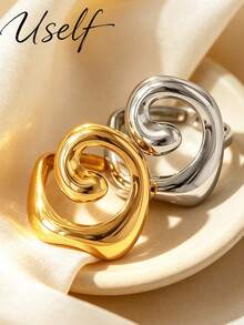 Uself 2pcs/1pc Cincin Spiral Halus Asimetris Stainless Steel Vintage untuk Wanita, Berlapis Emas 18K, Tahan Air, Berkualitas Tinggi, Cocok untuk Pemakaian Sehari-hari dan Liburan - MultiWarna - View 5