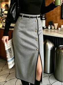 Women's Autumn Winter New Arrival, Elegant Casual Midi Skirt With Contrast Binding, Button Front & Side Slit, Everyday Office Outfit - Grey - View 7
