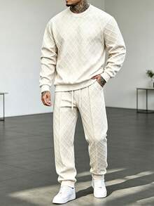 Men's Autumn/Winter Jacquard Crew Neck Sweatshirt And Pants Set - Khaki - View 1