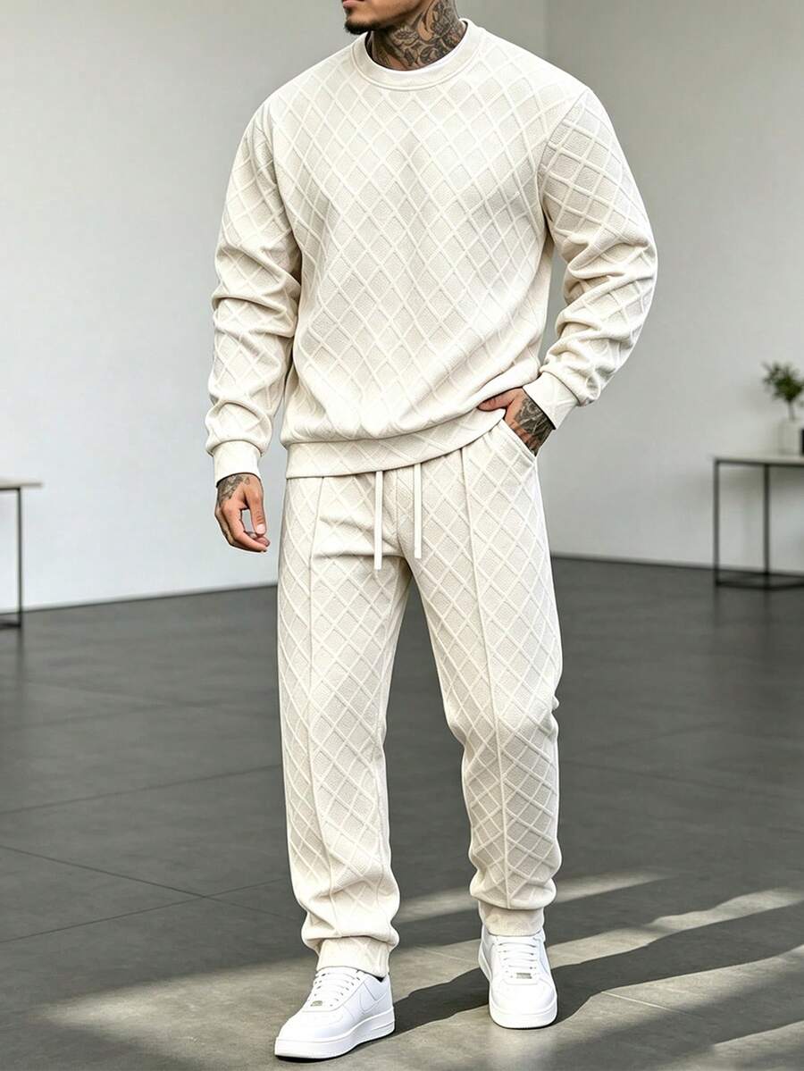 Men's Autumn/Winter Jacquard Crew Neck Sweatshirt And Pants Set - Khaki - View 1