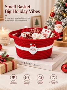 1pc Christmas Santa Rope Storage Basket For Home, Red & White Woven Organizer With Cute Santa Embroidery, Decorative Storage Bin With Handles For Bedroom, Kids Room, Living Room & Holiday Decor - Multicolor - View 1