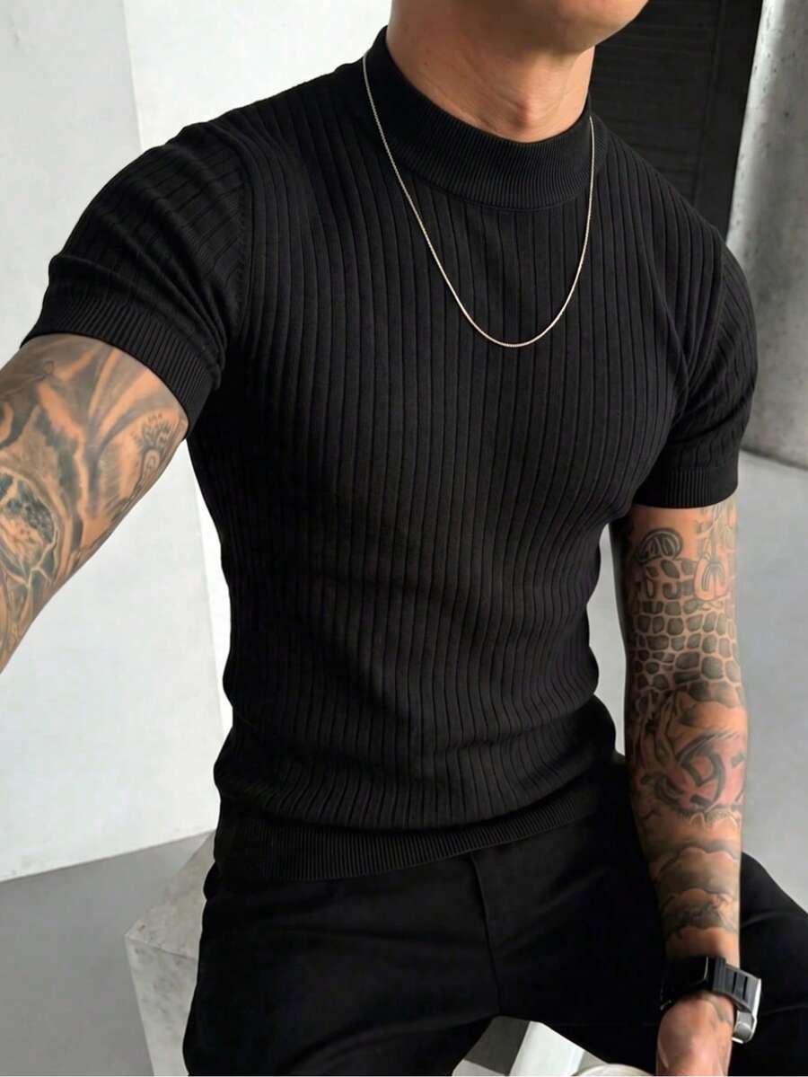 Men's Classic Half-High Neck Ribbed Short Sleeve Knit Sweater, Perfect For Summer Outings, Fashion Essential
