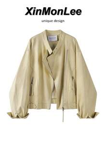Vintage Stand Collar Leather Jacket Short Zip-Up Jacket, Casual Elegant For College, Daily, Office, Spring/Autumn, Vacation - Yellow - View 1