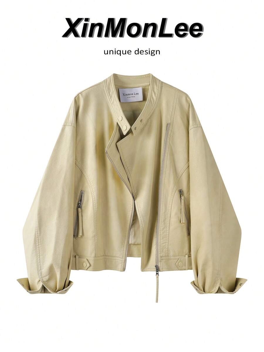 Vintage Stand Collar Leather Jacket Short Zip-Up Jacket, Casual Elegant For College, Daily, Office, Spring/Autumn, Vacation - Yellow - View 1