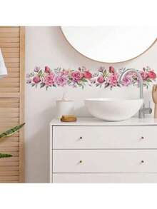 1pc Pink Flowers And Green Leaves Wall Sticker, Vinyl Decal For Home Decorations, Refresh Your Home, Festival Decoration Stickers Gifts Birthday Graduation - Multicolor - View 5