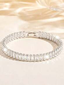 Vintage White Zirconia Tennis Chain Bracelet With Gemstone Beads - Classic Fashion Accessory - Silver White - View 6