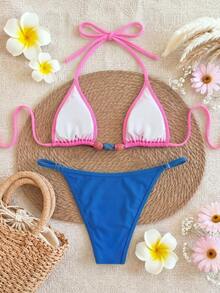 Spring/Summer European & American Style Blue & Pink Colorblock Sexy Casual Beach Vacation Party Bikini Set - Multicolor - View 3