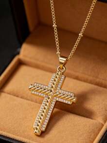 1Pc Gold Color Copper CZ Cross Pendant Necklace, Twisted Texture, Stainless Steel Chain For Women Daily Party Jewelry Gift - Multicolor - View 2