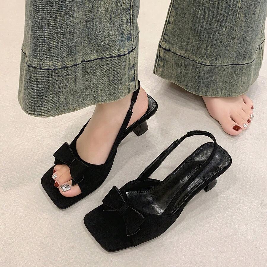 Women's Summer Black Bow High Heel Sandals With Single Strap, Kitten Heel, Fabric Back Slingback, Open Toe Square Toe Outdoor Wear Slides