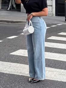 Cross-Border European And American High Street Style Asymmetrical Waist Design, Loose Casual Straight Leg Denim Jeans For Women - Medium Wash - View 2