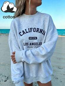女款 California Los Angeles 字母印花秋冬休閒圓領長袖衛衣上衣 - 淺灰色 - 查看 6