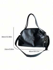 Tote Bag Large Capacity Soft Litchi Textured Body, Paired With Adjustable Wide Strap, Featuring Heart-Shaped Charm And Bow Chain Decoration. Spacious Interior Can Hold Books, Laptop And Other Personal Items, Relaxed Minimalist Design Suitable For Commuting And Travel, Effortlessly Enhancing Overall Outfit Style. - Black - View 7