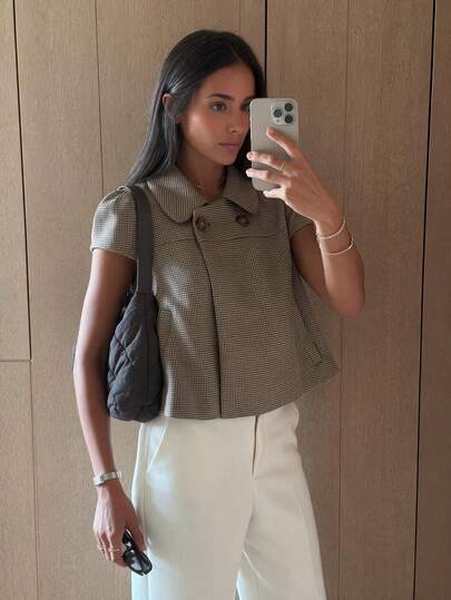 Women's Short Sleeve Collar Blouse, Casual Plaid Puff Sleeve Top, Regular Fit Autumn/Winter Everyday Shirt Summer