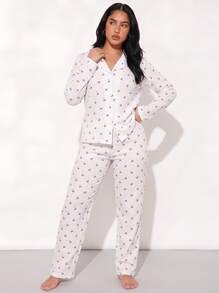 2pcs Women Loose Comfortable Breathable Long Sleeve Top + Long Pants Pajama Set, Cute Loungewear - White - View 3