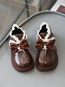 1 Pair Kids Cute Embroidered Bow PU Knit Slip-On Shoes, Suitable For Autumn/Winter Outdoor, Daily, Party, School - Brown - View 3